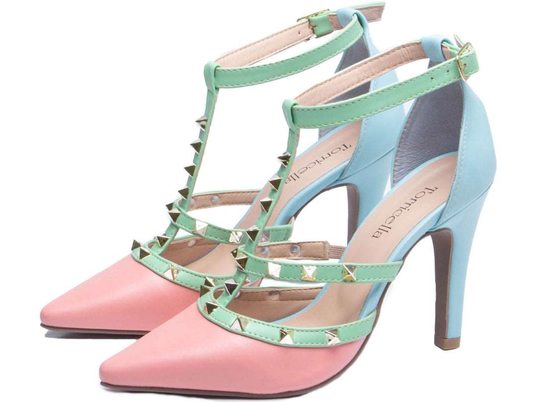 Sapato Scarpin Rosa e Azul com Rebite