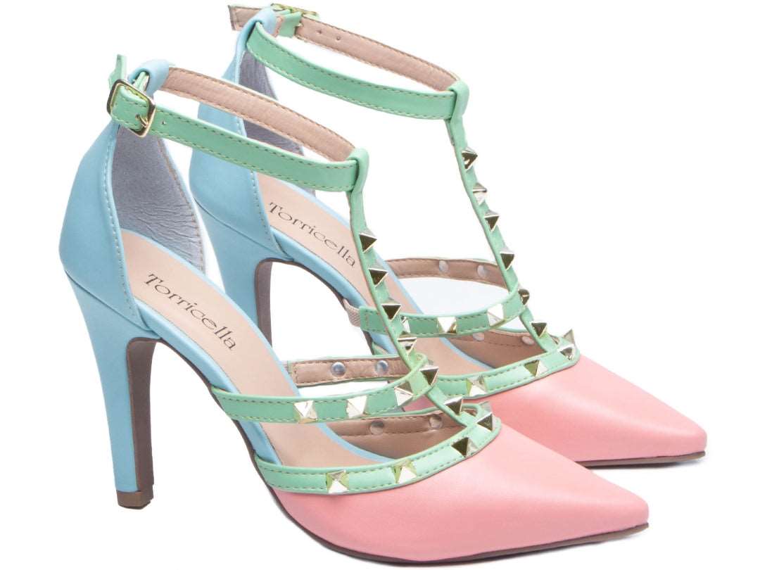 Sapato Scarpin Rosa e Azul com Rebite