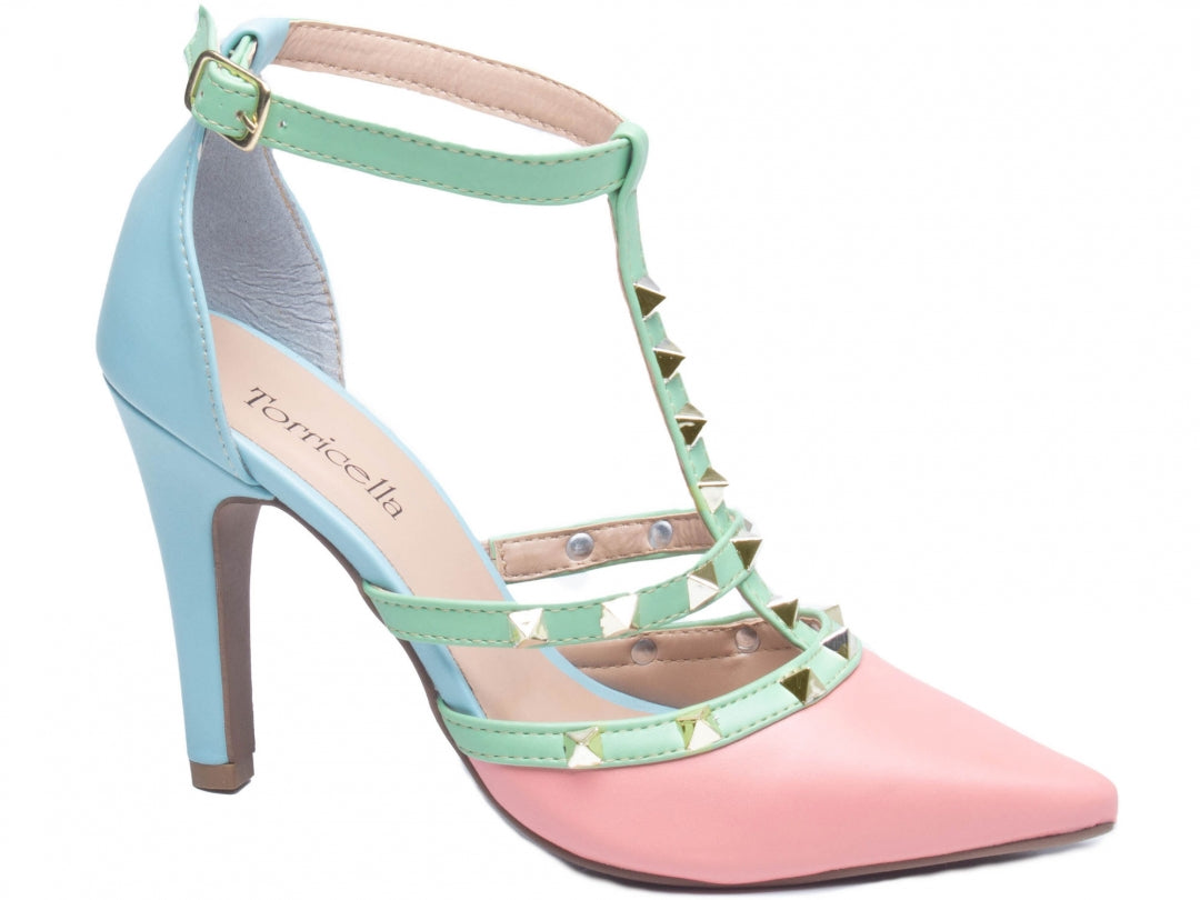 Sapato Scarpin Rosa e Azul com Rebites - Estilo e Charme em Cores Vibrantes